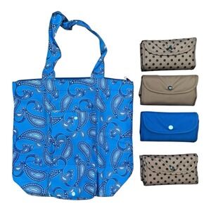 Unbranded Folding‎ Reusable Tote Bag Set Paisley Polka Dot Blue Tan 5 Piece Set
